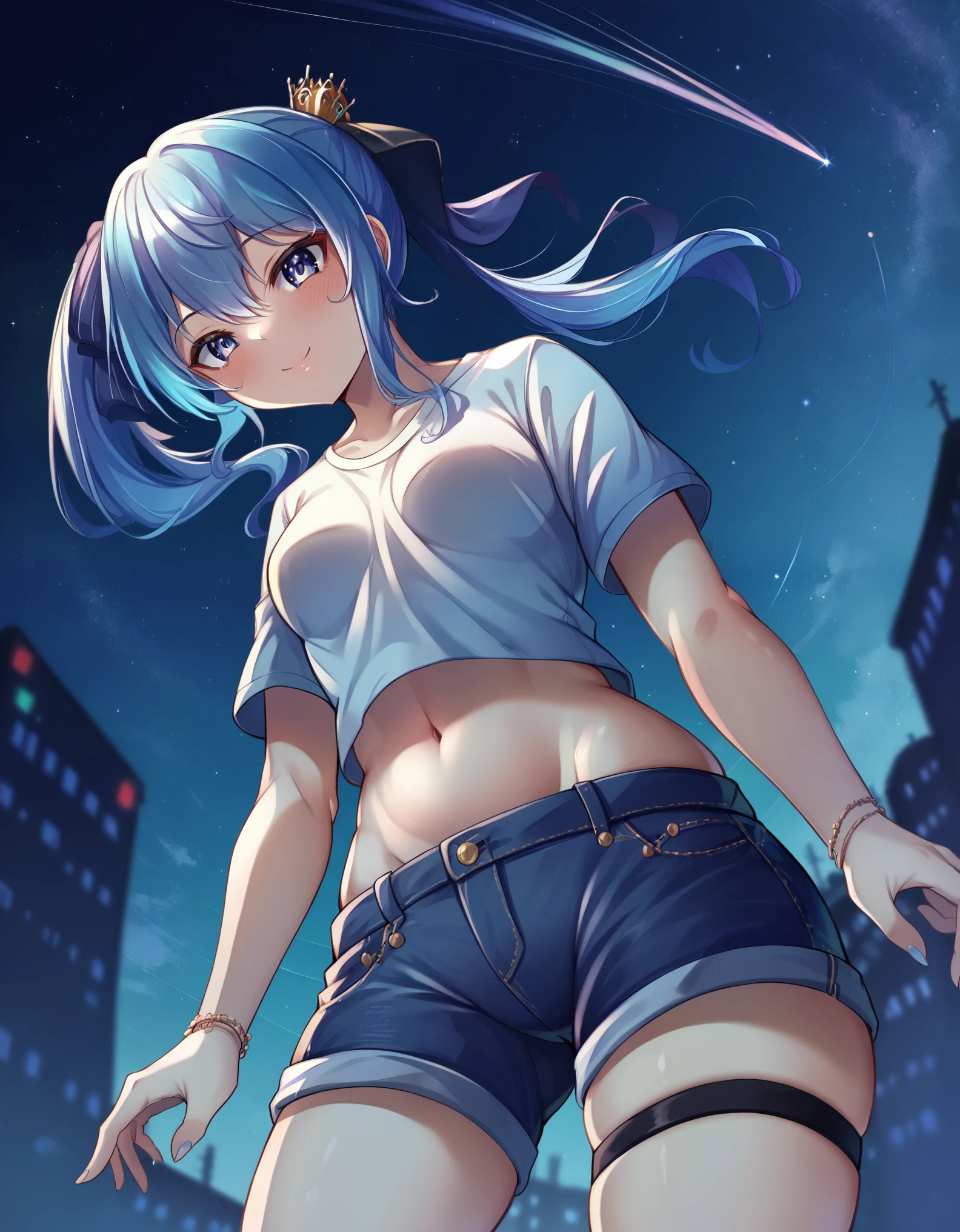 (8k、Best image quality、highest quality、masterpiece)、Detailed face、 solo,One girl、Blue Hair、Long Hair、sideponytail、dark_blue_eyes、smile,navel,Moderate_torso、small_breasts,((White T-shirt))、Off the shoulder、Black shoulder straps、((open_front_denim_short_shorts))、Cowboy Shot、Shoot from below、City Background, starry_sky_landscape ,hoshimachi suisei, skiny,(covered_nipples:0.3), (belly_button:1.4)