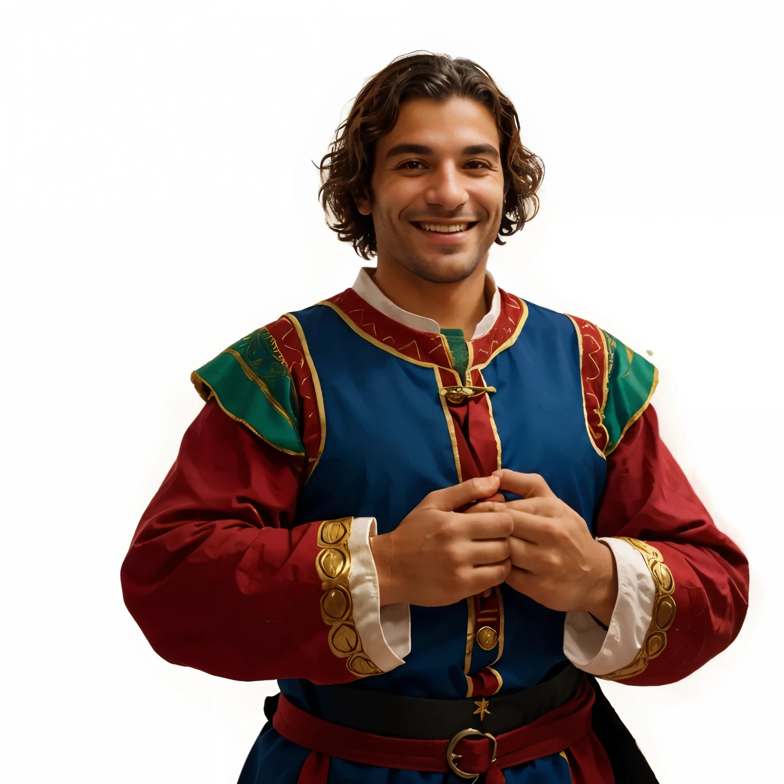 a smiling Portuguese medieval tavern keeper, dressed in fine clothes, there is a cheerful and festive tavern behind him