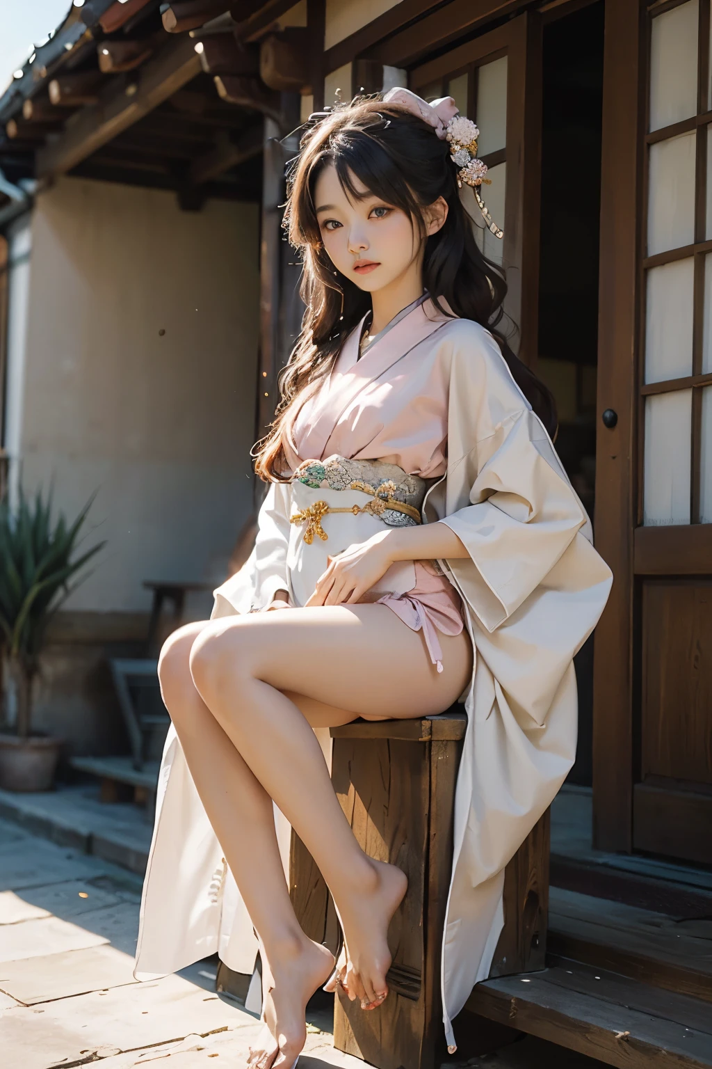 meticulous portrayal of face,1 noblewoman,(Hairpins),(Camellia kimono),(Long flowing colored hair),Simple and elegant Japanese clothing,Collar, the perfect face,Perfect Finger, perfect eyes,Extremely normal body,Ancient Japanese town background,Perfect background,Beautiful looks,Clear Eyes,Leanness,Bare feet and wooden clogs,The intelligent sparkle in his eyes,Barefoot indoors,If outdoors, wear geta,A pure and beautiful girl,Kimono underwear,Thin undergarments,No underwear rule,Are thin,Thin legs,thin thighs,the waist is very thin,Small breasts,Flat Bust,Small butt,Thin and small hips,The lower body is thin,Underwear is beige or pale pink,(((平らな胸))),(細い脚),