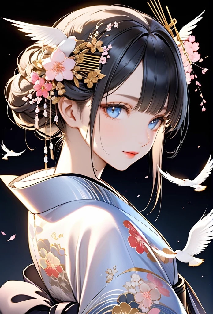 ultrarrealismo A young woman of ethereal and refined Japanese beauty. Her skin is clear and smooth, with a pearly tone that enhances her elegance. Her eyes are large and of a deep jet black color, with a serene and warm gaze that reflects her sweetness and wisdom. Her hair is a shining jet black, long, and traditionally styled in an elaborate Japanese updo. It may be adorned with soft-colored cherry blossoms or delicate ivory combs. She wears a silk kimono in pastel shades, such as light pink or sky blue, decorated with intricate patterns of flowers and birds in silver and gold threads.