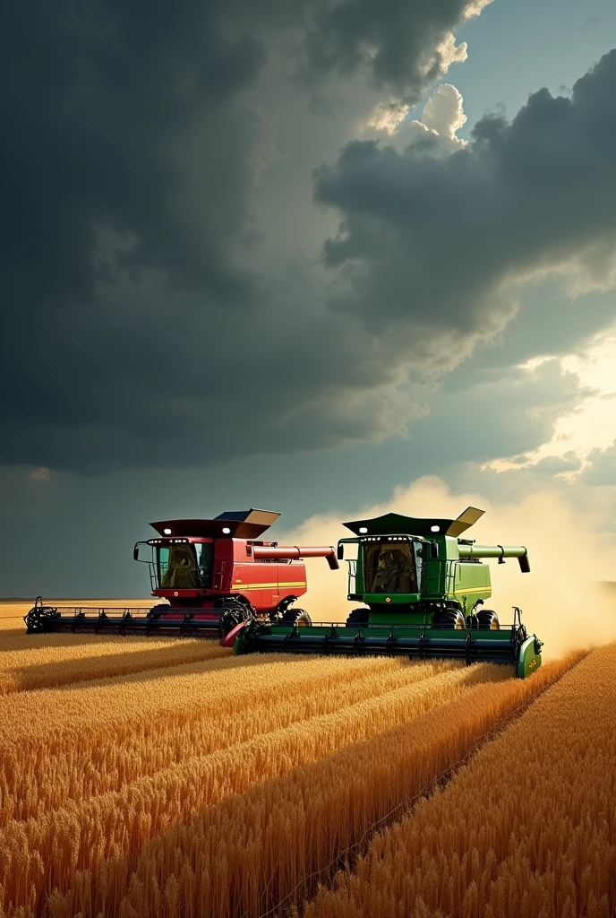 Case IH and John Deere combines harvesting wheat with a storm approaching. No people should appear in the image.