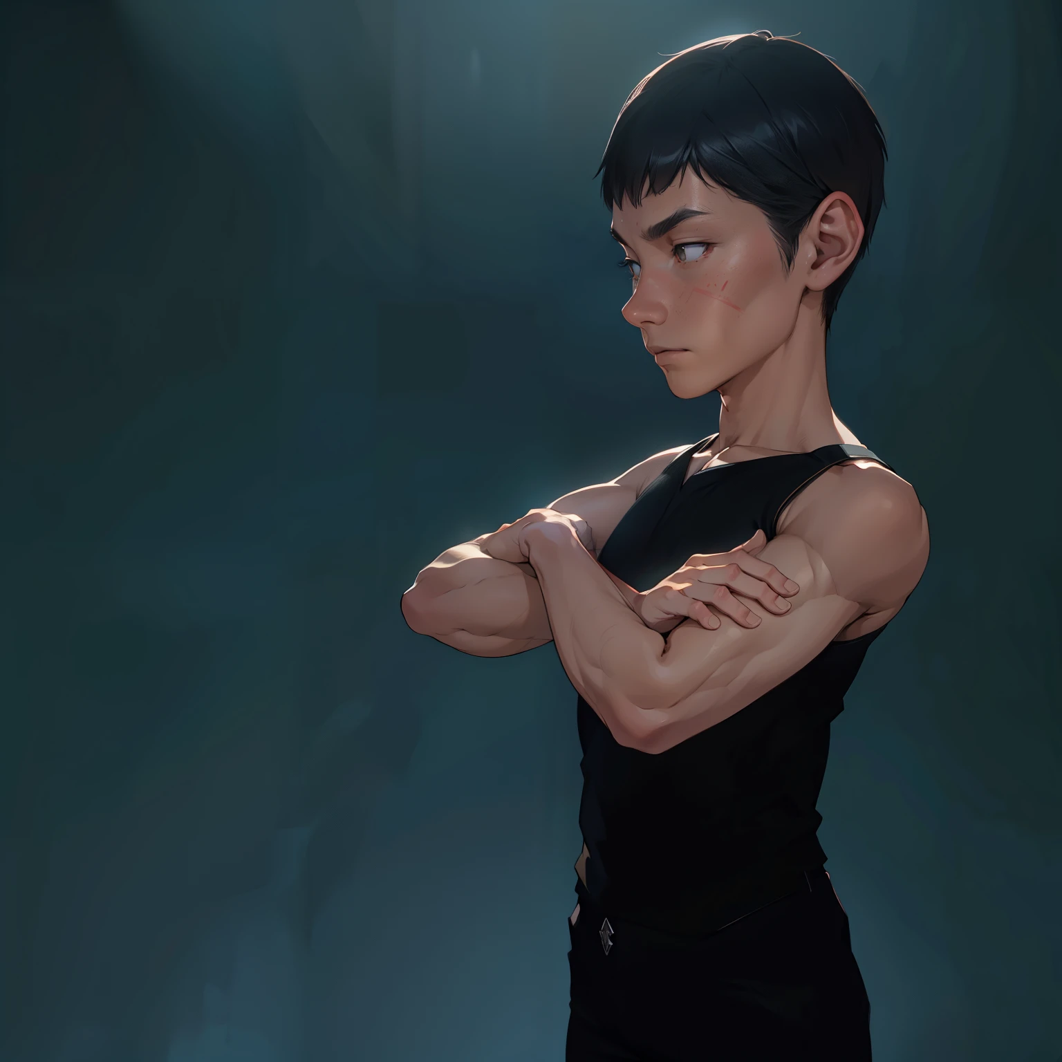(Masterpiece, best quality) detailed, character sheet, boys 26 Years old, Serious face, wearing white singlet shirt, black pants, photography, detailed skin, realistic, photo-realistic, 8k, highly detailed, full length frame, High detail RAW color art, diffused soft lighting, shallow depth of field, sharp focus, hyperrealism, cinematic lighting, yokai illustration style, Aztec art, full of details.