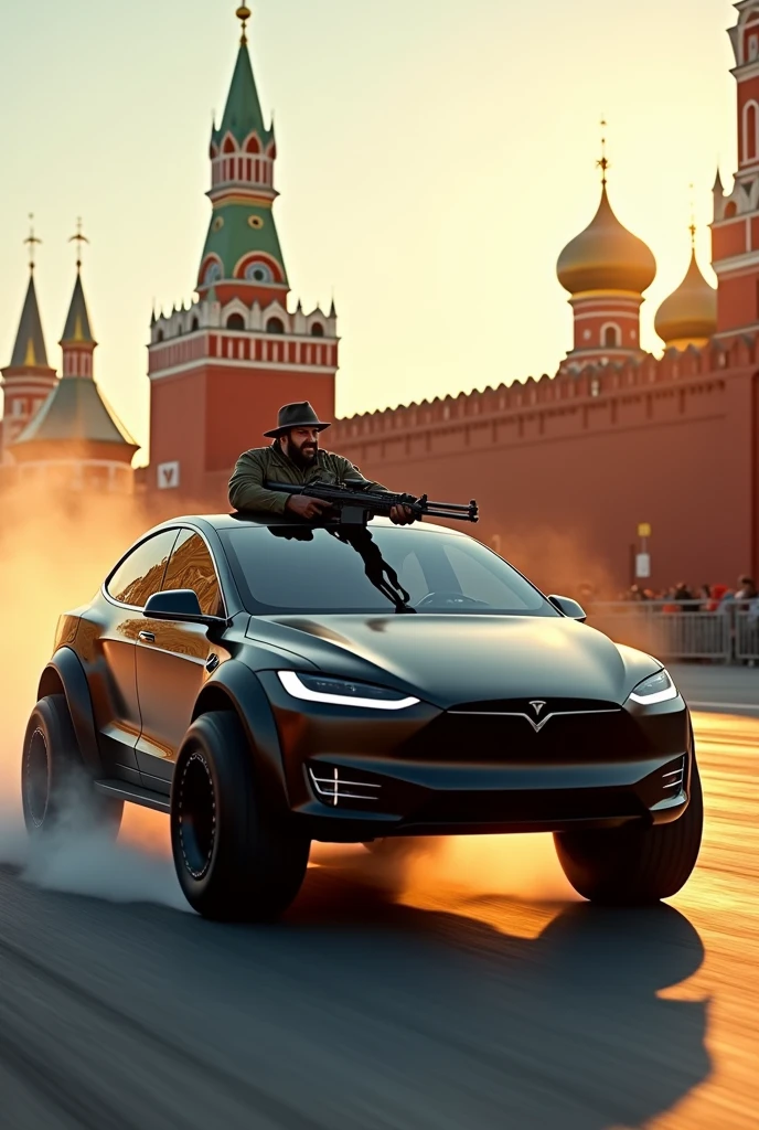 IRamzan Kadyrov driving a Tesla Cybertruck doing wheelies around the Kremlin with a massive heavy machine gun, looking like Yosemite Sam.