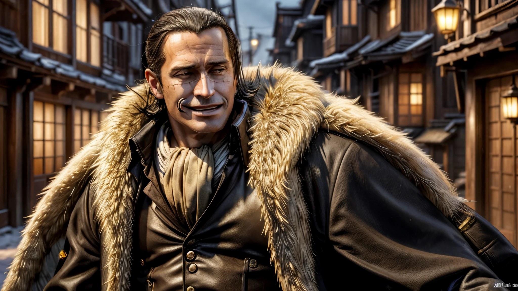 masterpiece, best quality, extremely detailed, hyperrealistic, photorealistic, a cool 40s man, ultra detailed face:1.2, fur-trimmed coat, scarf around the neck, his left hand is a golden pirate hook:1.1, cigar, townscape of the edo period, sly smile