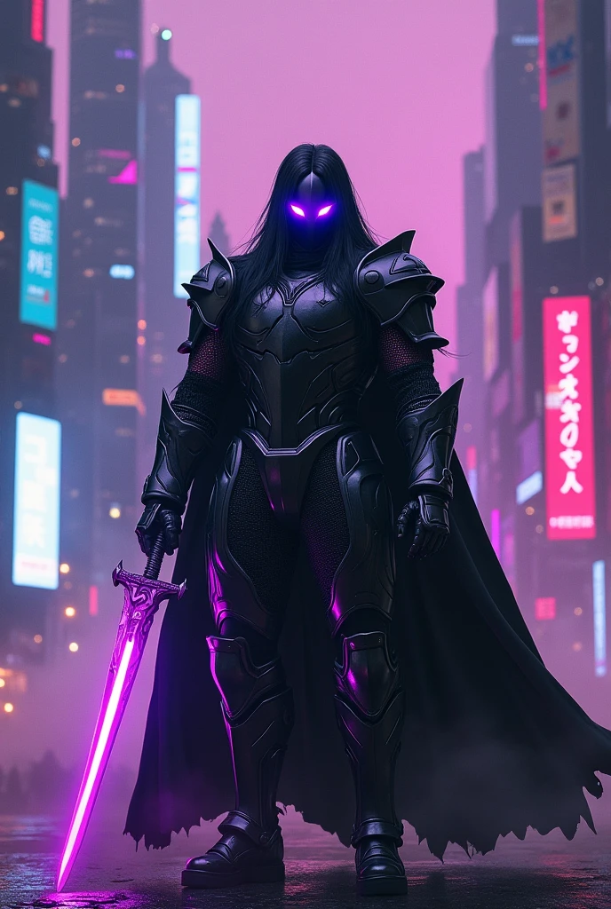 BlackKnight,iron clothes,sharp sword ,purple neon eyes,Cyberpunk style background,Eastern armor,long black hair,hypdertailed