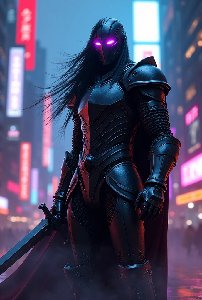 BlackKnight,iron clothes,sharp sword ,purple neon eyes,Cyberpunk style background,Eastern armor,long black hair,hypdertailed