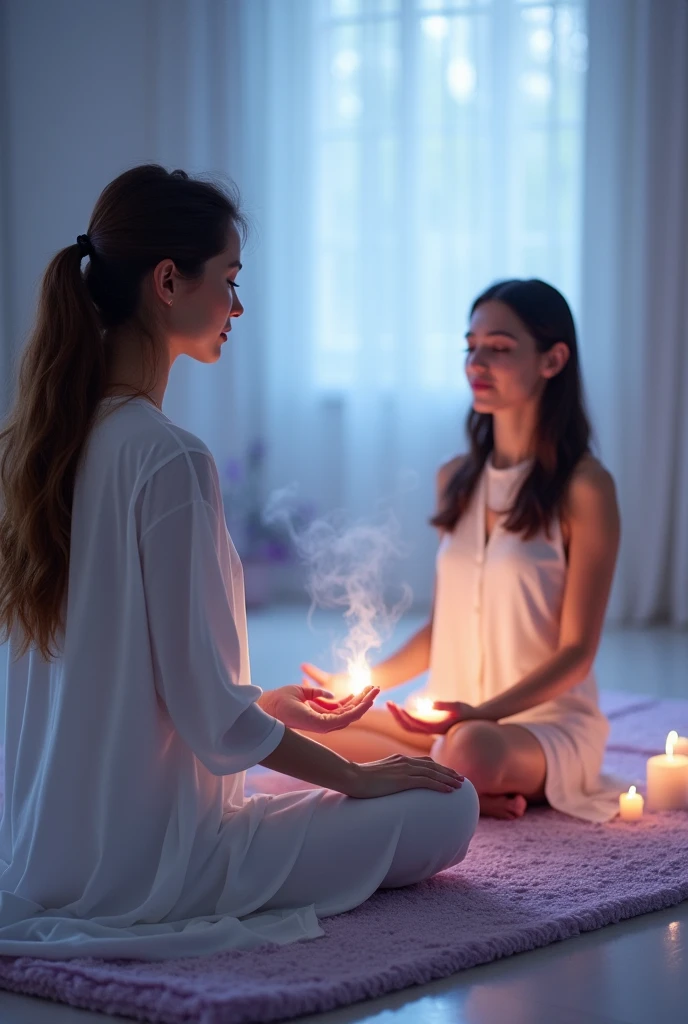 Woman channeling Reiki level 2 symbol into another woman sitting in a meditation pose 