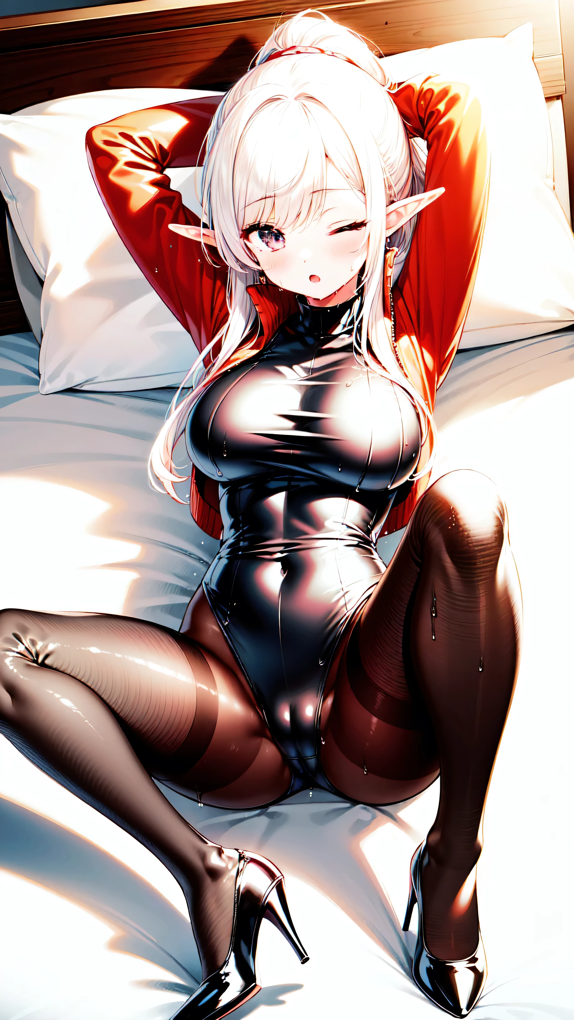 1girl, solo, arm up, arm behind head, elf, large breasts, white hair, long hair, ponytail, black_eyes, ;o, one eyes closed, wet, sweat, track jacket, zipping, jacket tug, leotard, on bed, black thighhighs, black pantyhose, lying, spread legs, high heels, on bed