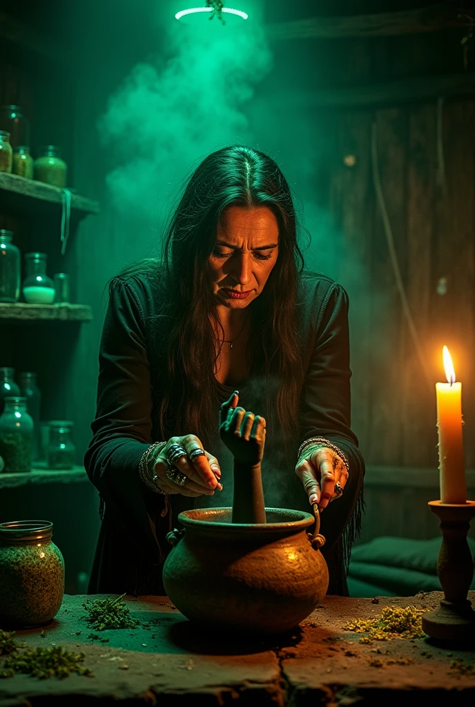 old witch stirring the cauldron, In the cauldron, place a black arm showing the middle finger erect and the others hidden.