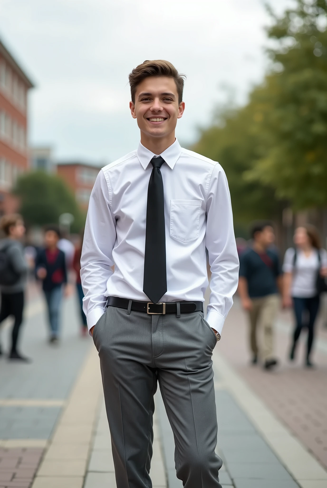 American teenage male student wearing a white long sleeved shirt with a chest pocket of the same color, hands at the sides, black tie, Gray pants, and black strap, Standing in a schoolyard in HD with no sun, looking with a big smile, in a full shot