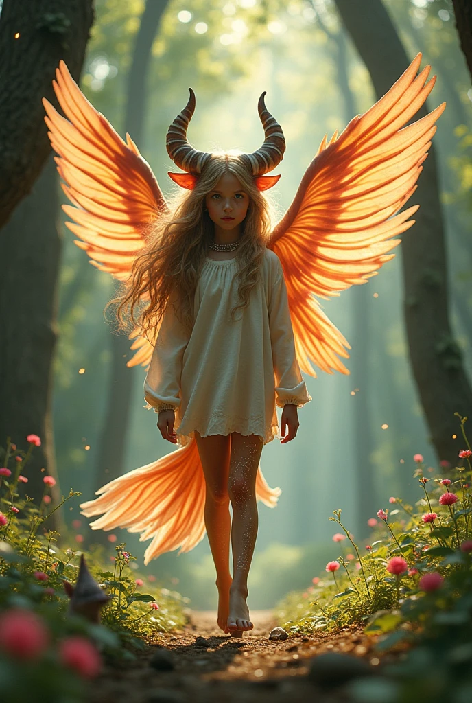 Create a girl who has cat-like hair, bull-like horns, fish-like legs, and wings.