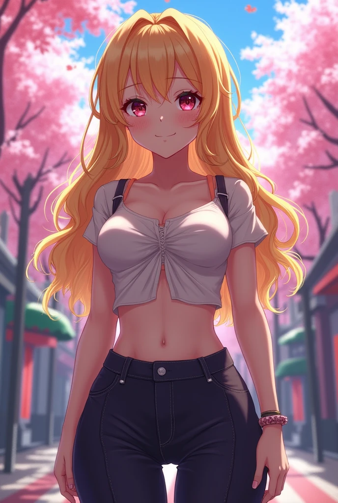 Japanese girl, blond hair, anime style,, Whole body, showing navel, head on, curvy body, very detailed and endowed, medium breasts, showing vagina