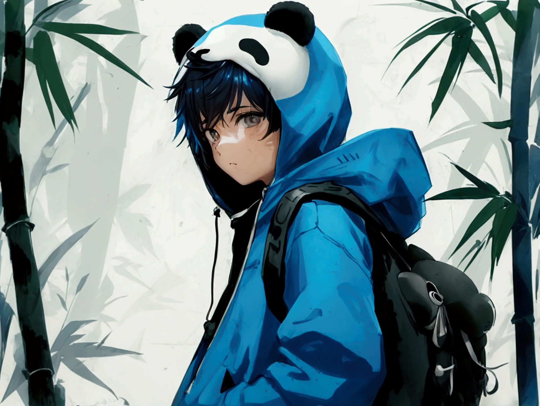 1 boy, about 20 years old, panda kigurumi with panda ear hood, looking down, positioned towards the right, facing left, ink wash painting, black and white, light blue hair, cool,bamboo in the background