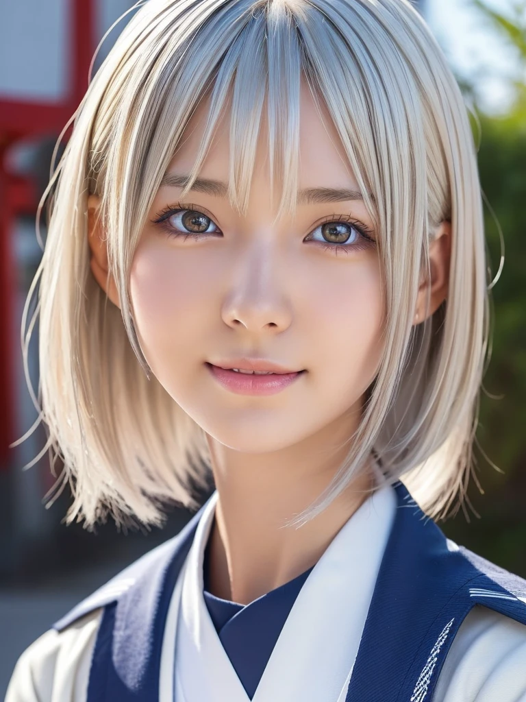 (A beautiful girl in a bright nordic setting, face lighting, realistic, cute, sexy, slim, extremely detailed eyes, droopy eyes, clear eyes, extremely detailed face:1.25), (ultra short fluffy hair:1.5),(silver hair:1.2),close-up of face,smiling, (japanese highschool uniform:1.5),detailed skin, intricate details, high quality, detailed background, soft lighting, detailed clothing, natural pose, cinematic lighting, volumetric lighting, digital art, photorealistic, vibrant colors, sharp focus, hyper detailed