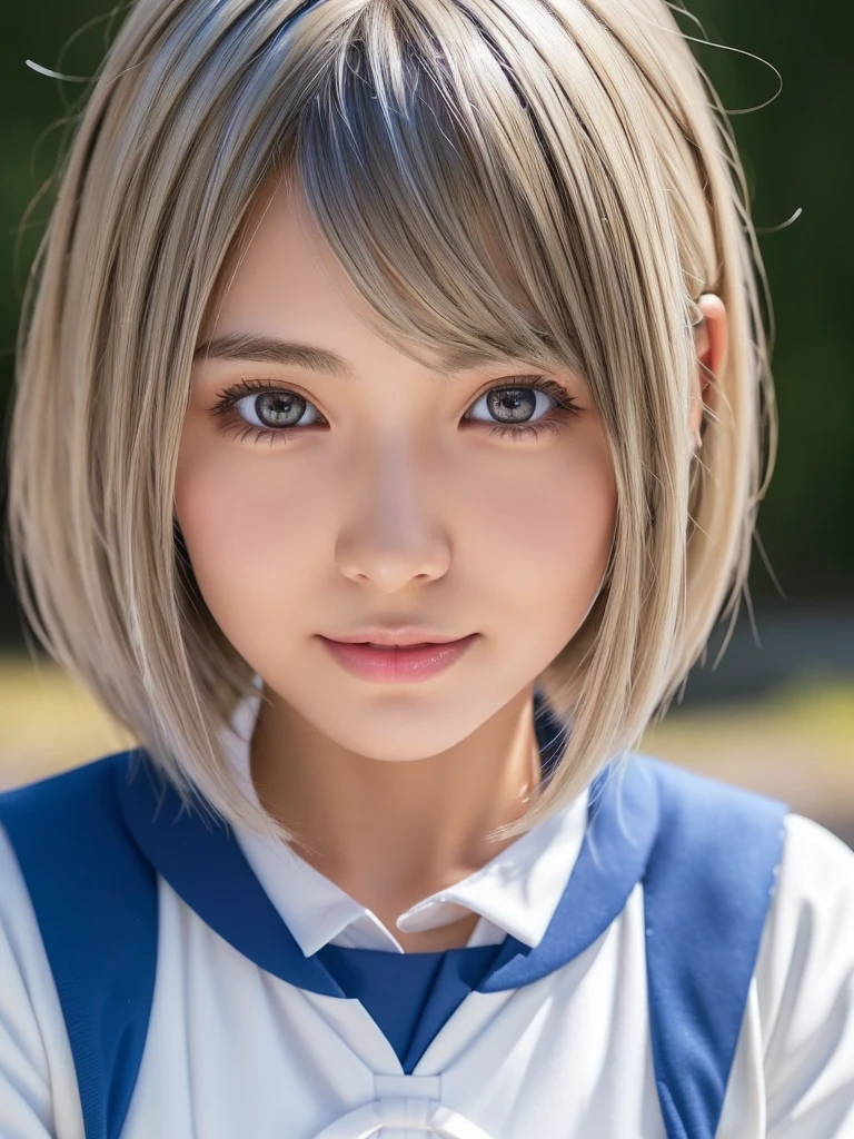 (A beautiful girl in a bright nordic setting, face lighting, realistic, cute, sexy, slim, extremely detailed eyes, droopy eyes, clear eyes, extremely detailed face:1.25), (ultra short fluffy hair:1.5),(silver hair:1.2),close-up of face,smiling, (japanese highschool uniform:1.5),detailed skin, intricate details, high quality, detailed background, soft lighting, detailed clothing, natural pose, cinematic lighting, volumetric lighting, digital art, photorealistic, vibrant colors, sharp focus, hyper detailed