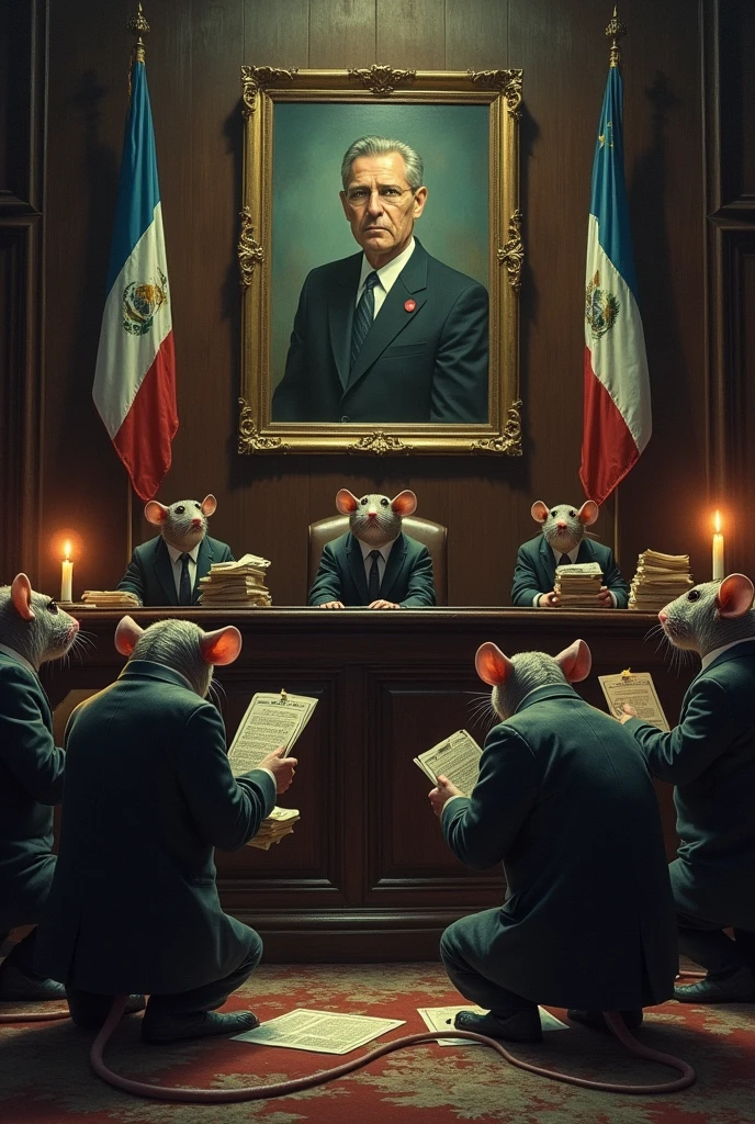 Several corrupt rats kneeling in front of a photo in the Guatemalan congress 