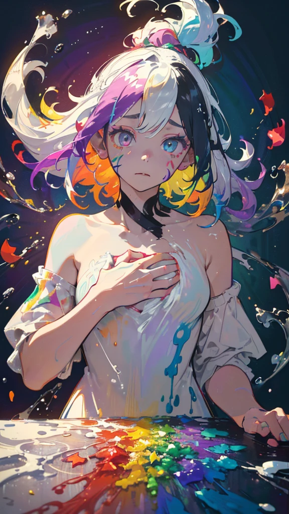 (colorful hair: 1.8), (All the colors of the rainbow: 1.8), (((((Vertical painting:1.6))), (painting:1.6), front, comics, Shapes, painterly, Big eyes, Clear Eyes, ( rainbow color slope high ponytail:1.7), Exquisite makeup, Mouth closed, (Small fresh: 1.5), (Wipe the chest: 1.6), Long eyelashes, White off-the-shoulder T-shirt, White shoulder shirt, Looking at the audience, Big teary eyes, (Rainbow Hair:1.6), Color splash, (alone:1.8), Color splash, An explosion of colors, Thick paint style, Messy Lines, ((The Shining)), (colorful), (colorful), (colorful), colorful, Thick paint style, (splash) (Color splash), Vertical painting, Upper Body, paint splashes, Acrylic Pigments, slope, paint, Best image quality, Highest quality, Tabletop, solo, Depth of written border, Face paint, Colorful clothes, (elegant: 1.2), Nice, Long Hair, wind, (elegant: 1.3), (petal: 1.4), (((Tabletop))), (((Highest quality))), ((Very detailed)), (shape), (Dynamic Angle), ((floating)), (paint), ((Messy Hair)), (alone), (1 girl), (((Detailed anima face))), ((Beautiful and elaborate face)), collar, Exposing shoulders, Gray Hair, ((colorful hair)), ((Striped Hair)), Beautiful and beautiful eyes, (Gradient color eyes), (((colorful eyes))), (((colorful background))), (((High color saturation))), (((Surrounded by colorful water splashes))), Surrealism, clair obscur, cinematic lighting, uhd, high details, best quality, highres, 8k