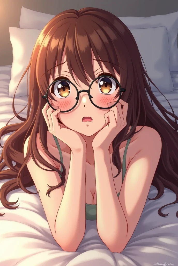 an anime girl, of Brown hair, has glasses, she is naked, he doesn&#39;t have any clothes, She is barefoot and lying on a bed with both legs open, She is open-mouthed and worried 