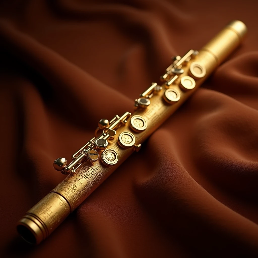 make a flute, with a golden hue, Draw her lengthwise in the entire image