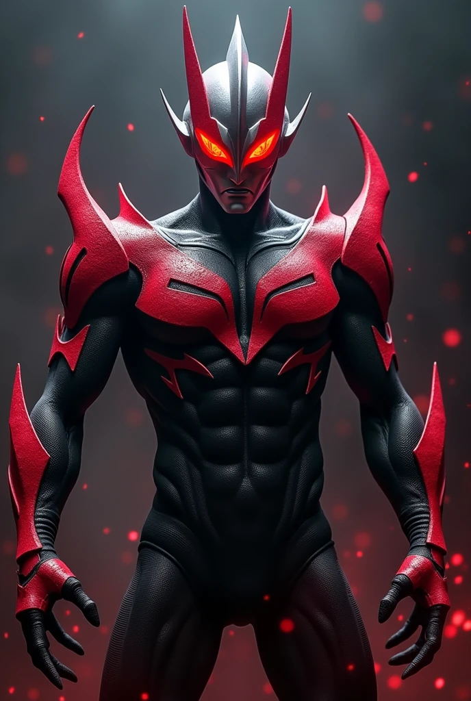 Ultraman、Black and red color scheme、Black as the base with red lines on the body、Muscle Body、evil役、evilそうな顔つき、Eyes are very sharp and red、Long, sharp claws、whole body muscular、Muscular々、Fall into Darkness、Final Boss、Charisma、Cold、Dark Aura、A hard, strong body、A robust body、Armor-like texture、evil、RAW Photos