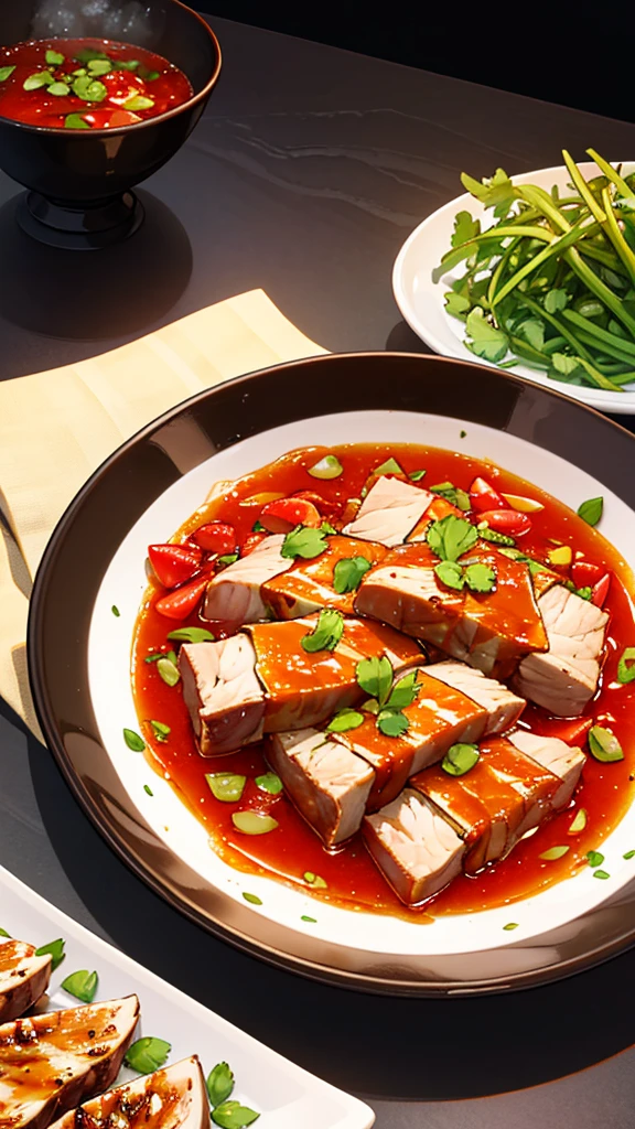 Create an image of grilled pork marinated in milk. The dish should feature tender slices of pork that have been marinated in a creamy mixture of milk, garlic, white pepper, and soy sauce, giving the meat a golden-brown, caramelized crust. The pork slices should have visible grill marks, indicating they were cooked over an open flame. The texture should be juicy and slightly charred at the edges, with a glossy finish from the marinade.Arrange the pork on a traditional Thai ceramic plate, garnished with fresh cilantro and thin slices of cucumber on the side. In the background, include a small dipping bowl of spicy Thai sauce (nam jim jaew) with visible chili flakes and herbs floating in the sauce. The setting should evoke a casual, warm atmosphere, with hints of rustic Thai decor like woven placemats or a wooden table. The lighting should be natural, soft, and warm, highlighting the texture and colors of the dish.