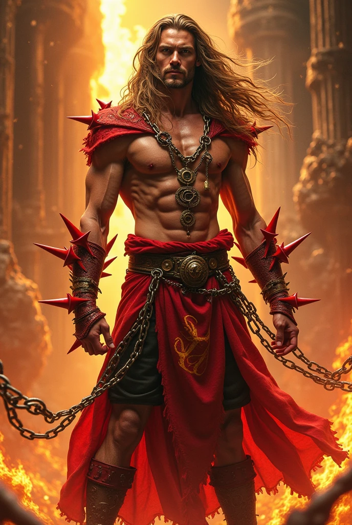 A tall, skinny man with two red spike chains he uses as a weapon. Mocking and kind of goofy expression, at the same time relaxed. long  hair, clear eyes. Defined muscles. Outrageous and colorful clothes. Mediovale. sorcerer. fire magic.