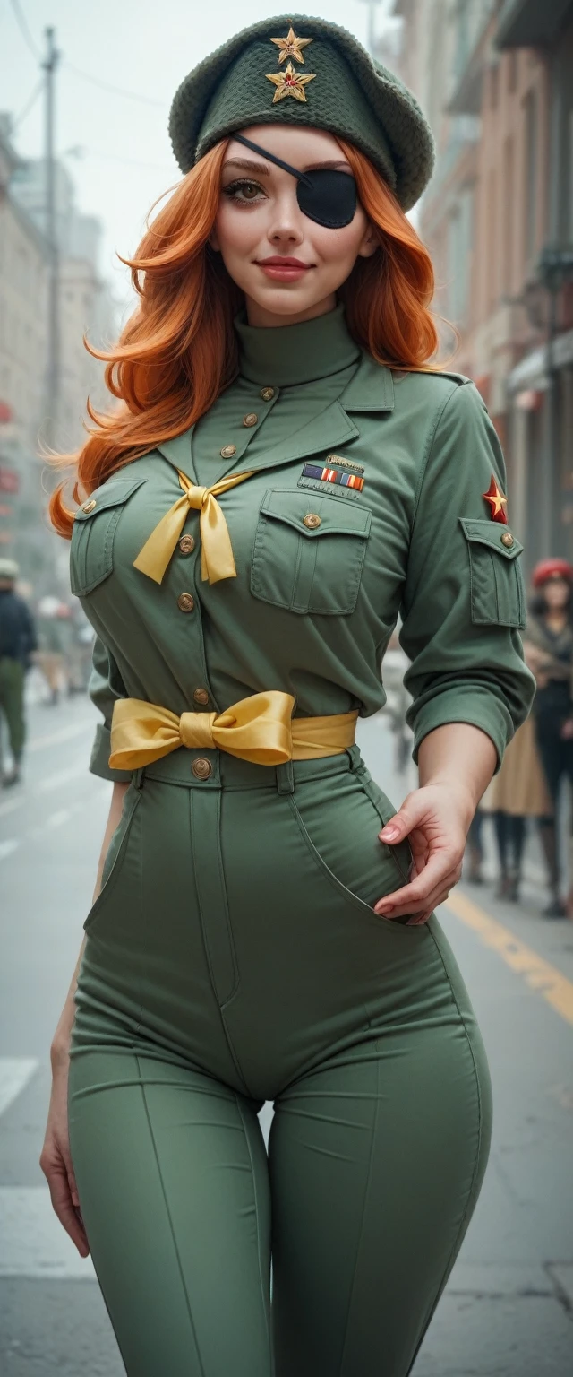 A tall sexy nice friendly big breast happy soviet russian military girl with long smooth red hair her brown eye pink lip wears metallic green top black patch chest waist yellow ribbon and her big metallic green pants thigh sensual big yellow boot wears black soviet winter cap