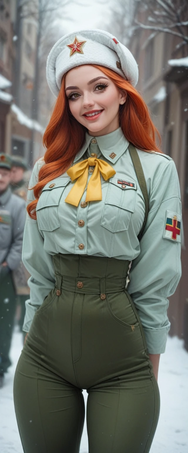 A tall sexy nice friendly big breast happy soviet russian military girl with long smooth red hair her brown eye pink lip wears metallic green top black patch chest waist yellow ribbon and her big metallic green pants thigh sensual big yellow boot wears black soviet winter cap