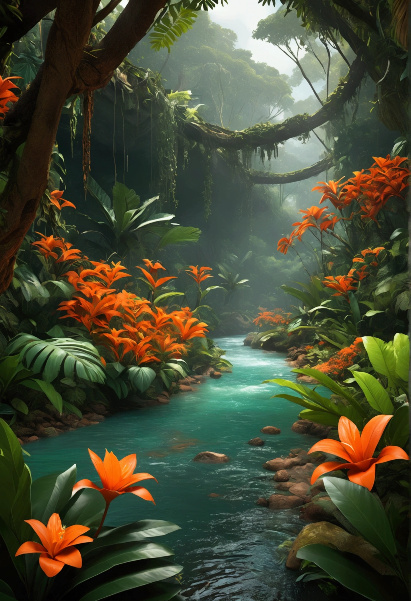 looking at a river, decorated in a mysterious jungle, dark orange and light emerald colors, isolated environment, images inspired by nature, foto da National Geographic, Unreal Engine 5, sensitivity to the natural world, full of flowers.