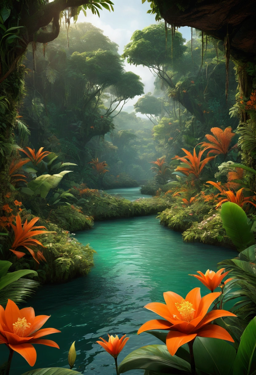 looking at a river, decorated in a mysterious jungle, dark orange and light emerald colors, isolated environment, images inspired by nature, foto da National Geographic, Unreal Engine 5, sensitivity to the natural world, full of flowers.