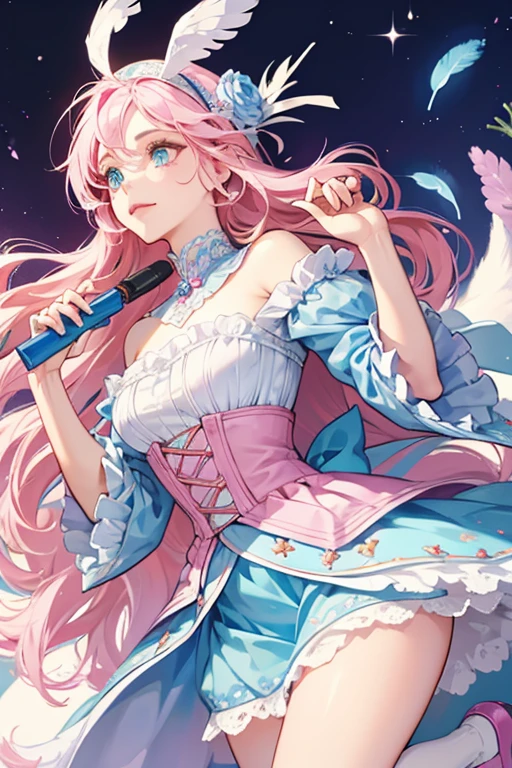 Saffi has white skin with pink eyebrows, blue eyes, and pink lips. Her nose is painted orange and she has light blue feather face paint on her forehead and around her eyes. She has pink hair that reaches down to her hips. The doll does not have animal-type ears or tails. Her bodice has a blue lace design at the top of the bodice. The pink part of the bodice has a two swans forming a heart on it. Her lavender cape has a feather pattern on it and has a jagged edge. The band of her skirt is blue while the rest of the skirt is pink with a pattern of white feathers and yellow, blue, green, pink, red, and lavender flowers on it. She has blue swan-inspired shoes with winding feathers up her calf and she has a feather headband with a blue flower on the left side of the headband. SPARKLE; GLITTER