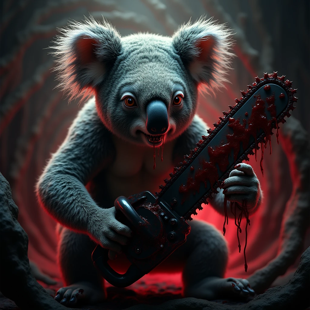 *8K Masterpiece, top quality, Best Quality, official art, (Terror and Darkness: 1.3), extremely detailed, (fractal art: 1.3), I'm terrified, Diabolical Koala with a chainsaw and stained with blood