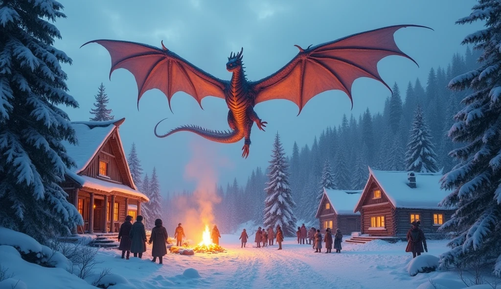 Beautiful art style，dragon，8K,Great scene，The cold northern forest，village，winter，Snow Scene，Heavy snow，bonfire，The sight of snow