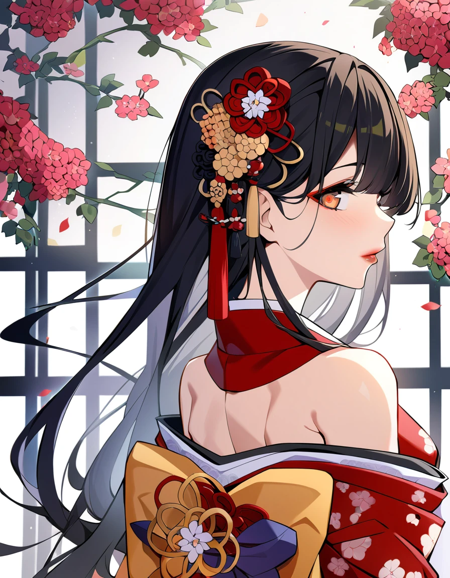 A stunning beauty from Japan, Green Garden. Her long, Silky black hair cascades down her back, Adorned with colorful floral hairpins. She is wearing a traditional Japanese kimono.., A combination of crimson and gold colors highlights her flawless complexion. The kimono is decorated with intricate patterns and embroidery., Her delicate curves accentuated. Almond-shaped eyes are delicately made up, Her lips are painted dark red.