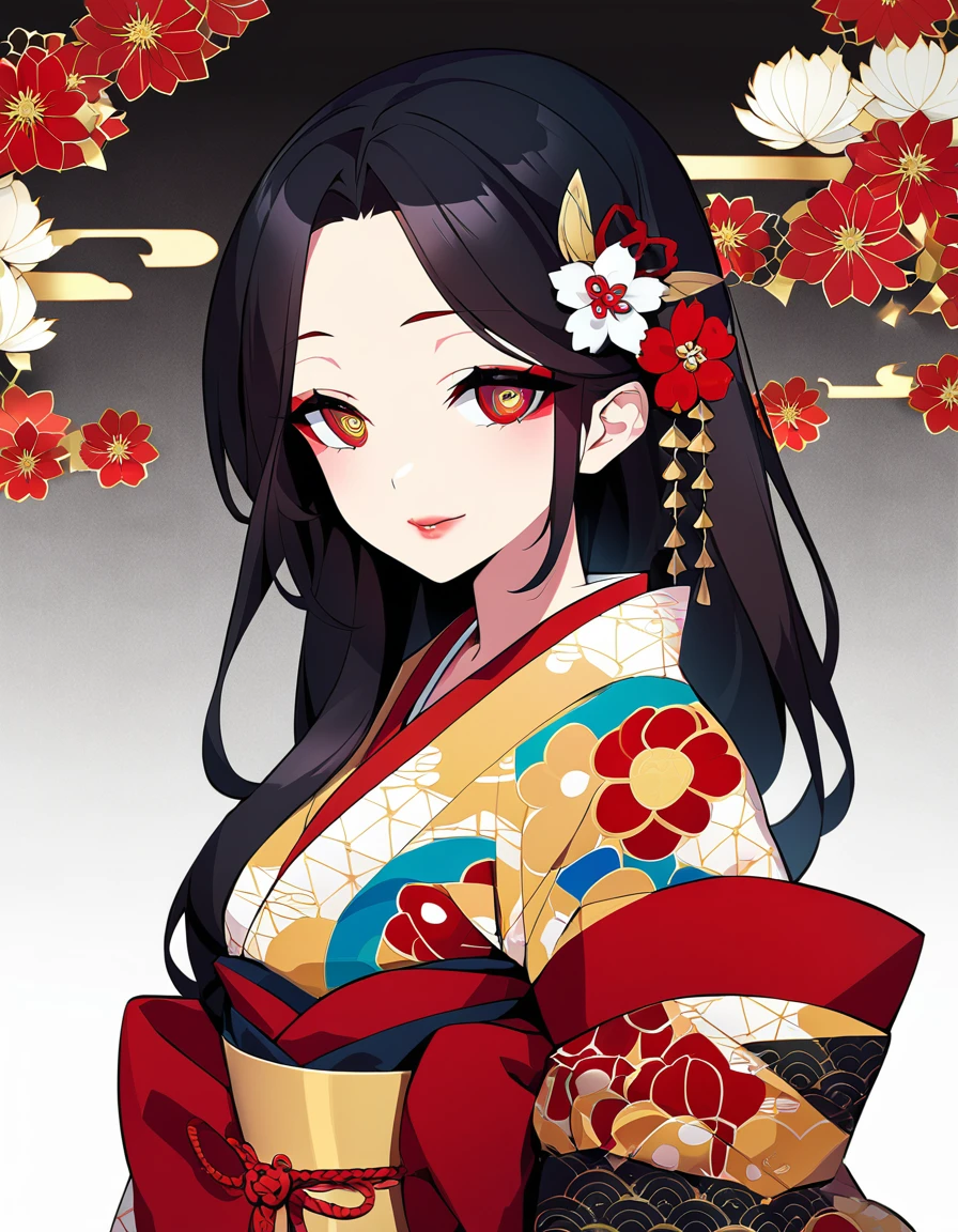 A stunning beauty from Japan, Green Garden. Her long, Silky black hair cascades down her back, Adorned with colorful floral hairpins. She is wearing a traditional Japanese kimono.., A combination of crimson and gold colors highlights her flawless complexion. The kimono is decorated with intricate patterns and embroidery., Her delicate curves accentuated. Almond-shaped eyes are delicately made up, Her lips are painted dark red.