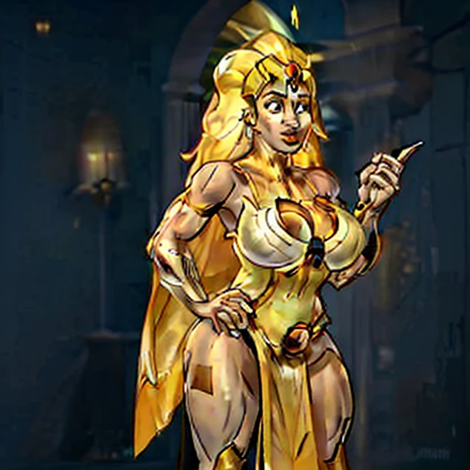 Dawnbreaker (Dota), glowing hair, yellow eyes, glowing eyes, colored skin, grey skin, 1girl, armor, blonde hair, glowing hair, long hair, fantasy goddess, glowing angelic being, curvy body, huge breasts, long robe, long dress, holy, breastplate, muscular, perfect anatomy, better hands, cowboy shot, anime style