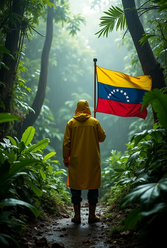 Soldier in a yellow raincoat and a Venezuelan flag stands in a jungle 