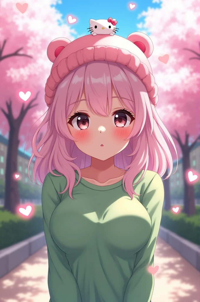 Anime girl with light pink hair, large breasts, wearing a green shirt, slim and beautiful with black eyes, a light pink Hello Kitty hat, cute.