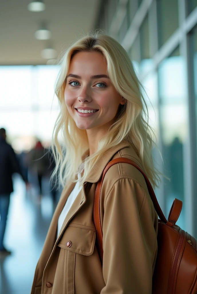 Beautiful 24 year old blonde girl with blue eyes and big breasts stands at Barajas airport with a backpack extremely detailed, realistic, photorealistic, high quality, 4k, 8k, masterpiece, ultra detailed, vivid colors, HDR, lighting studio , sharp focus, physical representation, professional portrait