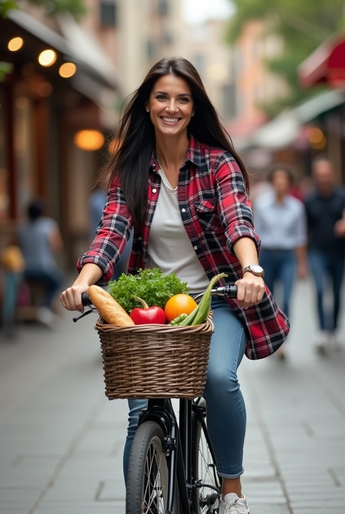 A very beautiful and glamorous 40-year-old white housewife riding her bike through the shopping district.、a shopping bag filled with vegetables and a baguette can be seen in the basket in front、A woman in a flannel shirt and skinny jeans、Converse sneakers、very thin and small necklace、Very large, pendulous 、a perfect glamorous mature s proportions、super realistic mature's bodykin,very huge sagging tits,glamorous sexyed figure,dark netteight long hair,happy smile,