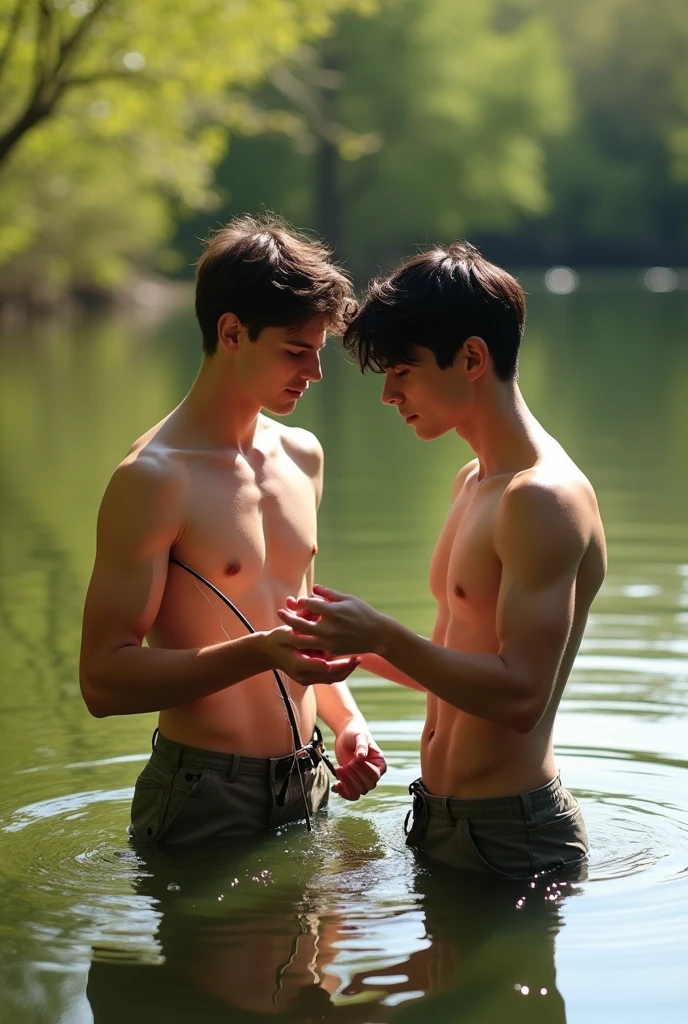 Two handsome young men, with beautiful features, white skin, and soft skin, are skinny and have short black hair. They are shirtless in a fishing swamp, with one showing his friend how to fish.