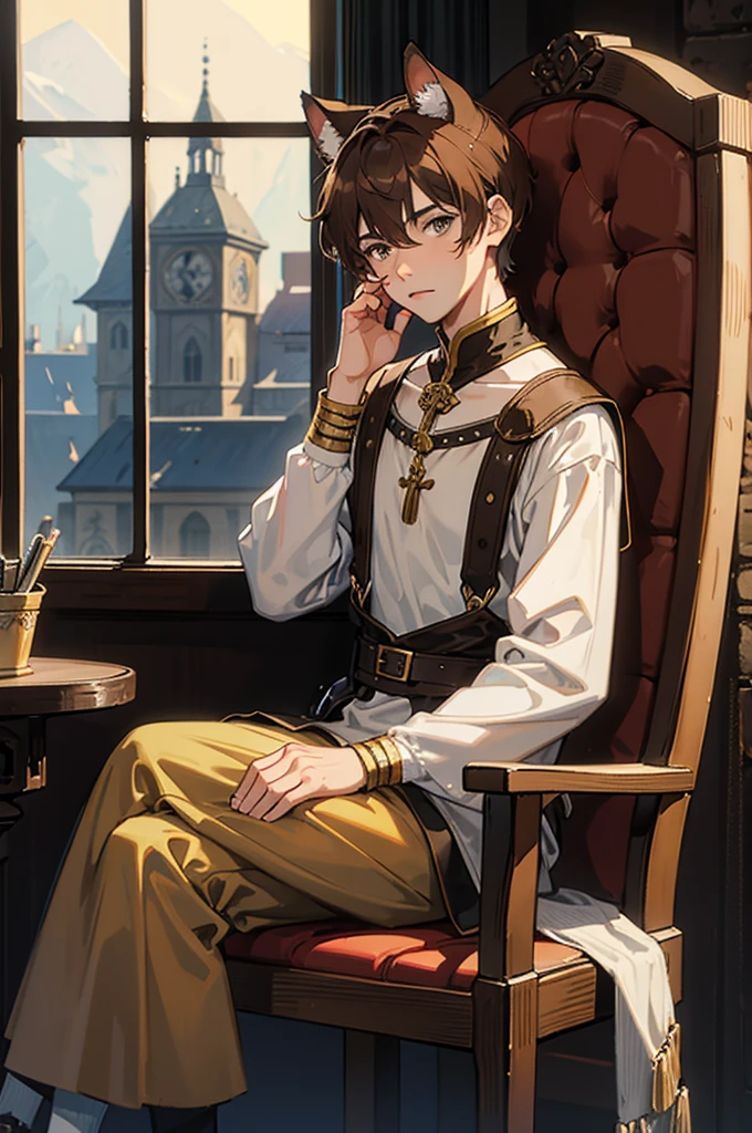 man, male, brown hair, short hair, grey eyes, brown cat ears, brown cat tail, fantasy wear, medieval wear, sitting down