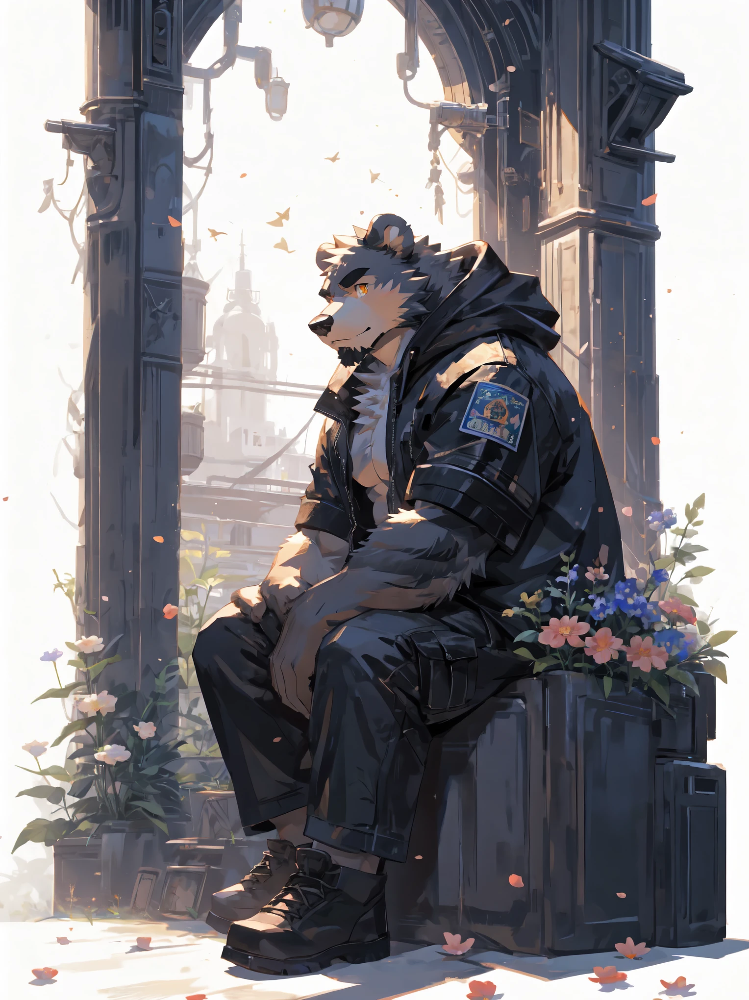 (masterpiece:1.2), best quality,pixiv,official art,perfect anatomy, (Ray tracing, light),solo, (1_male:1.3) , (muscle), (grey fur:1.4), (muscle bear), (beard:1.2), (gleaming golden eyes), bear tail, full body, Thick black eyebrows,(open short hoodie), (naked inside:1.2),cargo shorts, black short boots, (pure white background: 1.3),sit, indoor, big window, sea out of window,flower, petal, skyline, blue sky, cold tone