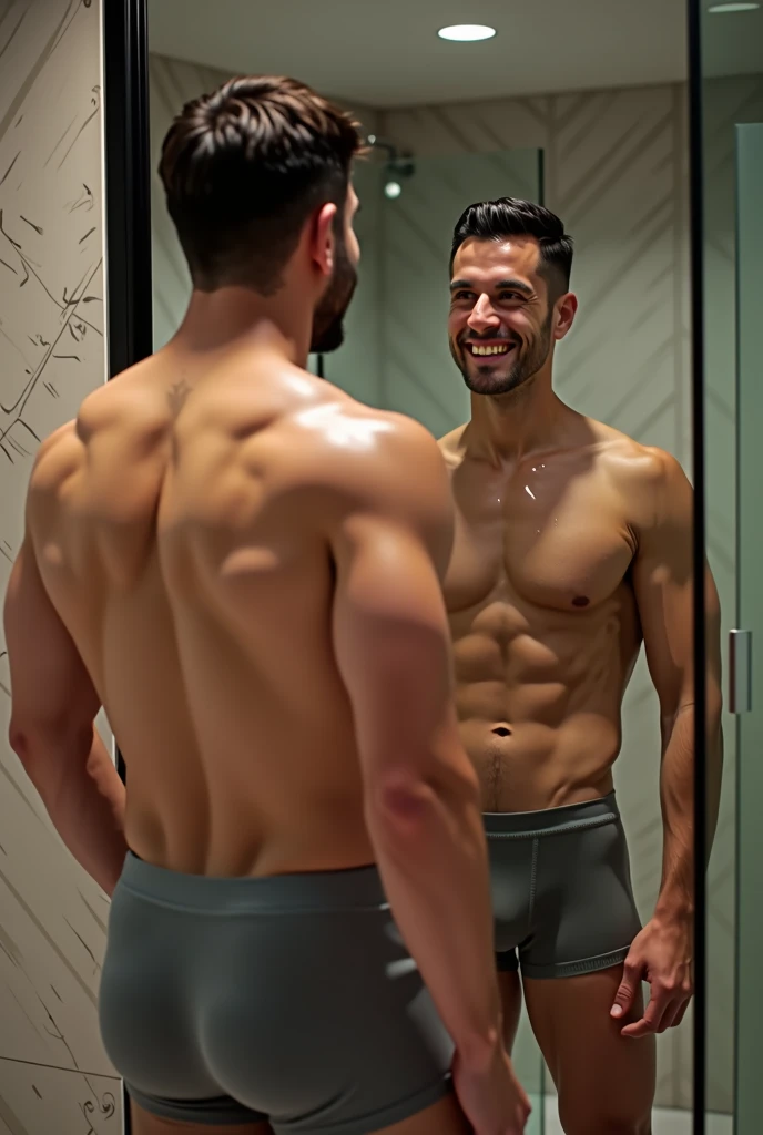 Man in boxer shorts with his marked penis and abdomen in front of a bathroom mirror