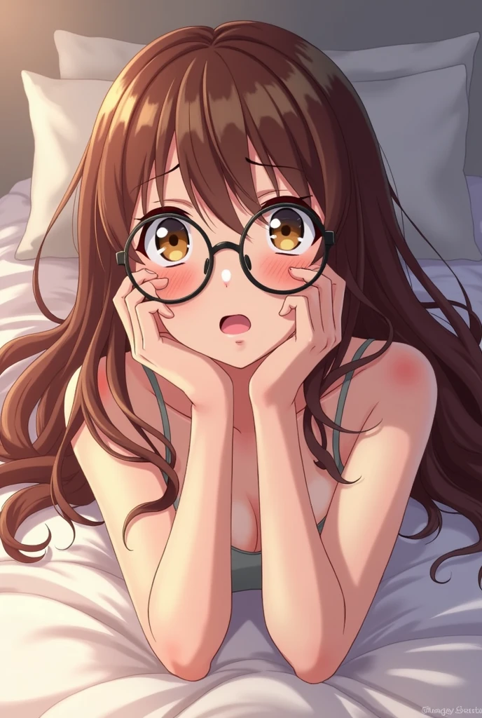 an anime girl, of Brown hair, has glasses, she is naked, he doesn't have any clothes, She is barefoot and lying on a bed with both legs open, She is open-mouthed and worried