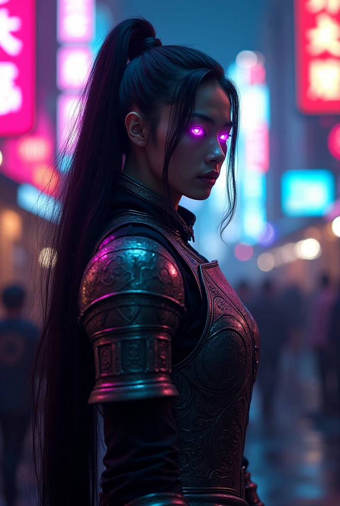 A dark knight in iron armor, sharp sword, neon purple eyes, cyberpunk style background, eastern-style armor, long black hair in a ponytail, (best quality,4k,8k,highres,masterpiece:1.2),ultra-detailed,(realistic,photorealistic,photo-realistic:1.37),detailed description,professional,vivid colors,studio lighting,dark fantasy,dramatic lighting,intricate details