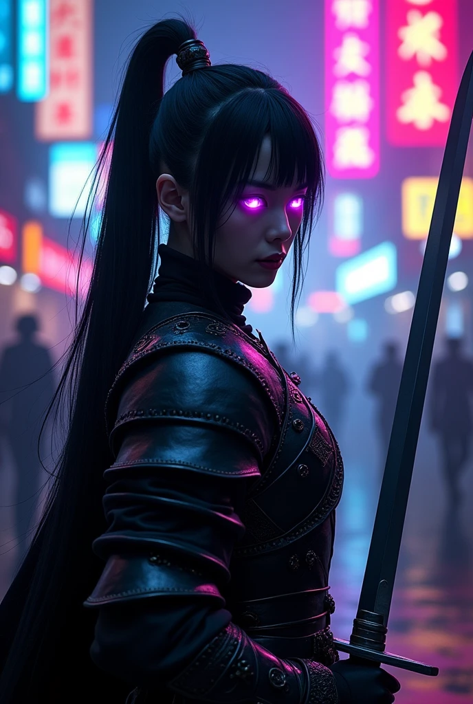 A dark knight in iron armor, sharp sword, neon purple eyes, cyberpunk style background, eastern-style armor, long black hair in a ponytail, (best quality,4k,8k,highres,masterpiece:1.2),ultra-detailed,(realistic,photorealistic,photo-realistic:1.37),detailed description,professional,vivid colors,studio lighting,dark fantasy,dramatic lighting,intricate details