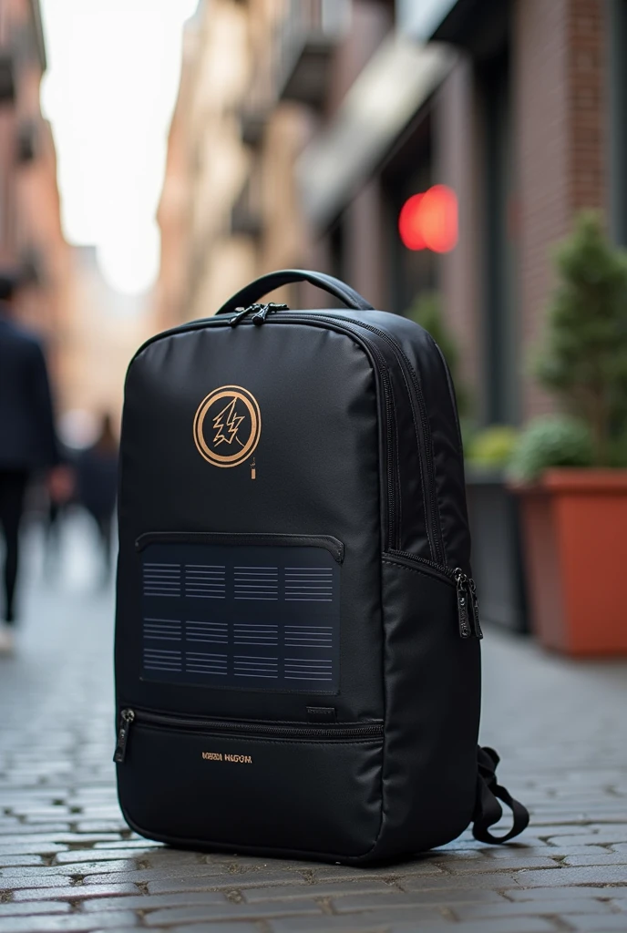 bagpack have solar , button on/off , charging port and have logo of solar and electric in front