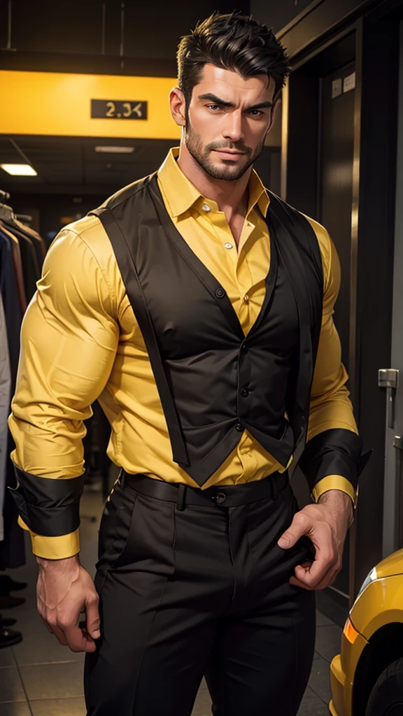 A muscular man, detailed handsome face, short black hair, yellow black strips formal open shirt folded collar, large breasts, sexy expression, looking directly at viewers romantically, black pants,