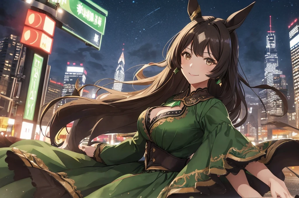 One mature woman、A woman with horse ears against the backdrop of city lights at night.、Emerald green dress、Brown eyes、Black hair in a half-up style、Smiling at the camera、Wind blowing up from below、Raise your hands above your head、Chest centered